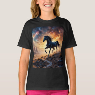 Black Stallion in Desert Nebula stars lightning T-Shirt