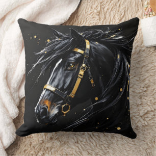 Black Stallion on black hints of gold and white Throw Pillow