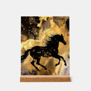 Black Stallion Silhouette on Gold Alcohol Ink Back Acrylic Sign
