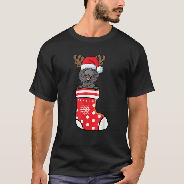 Black Standard Poodle Santa Dog On Christmas Sock  T-Shirt (Front)
