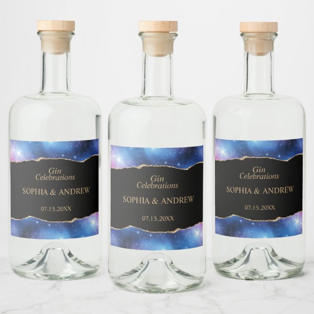 Black & Star Blue Gold Wedding Liquor Bottle Label (Bottles)