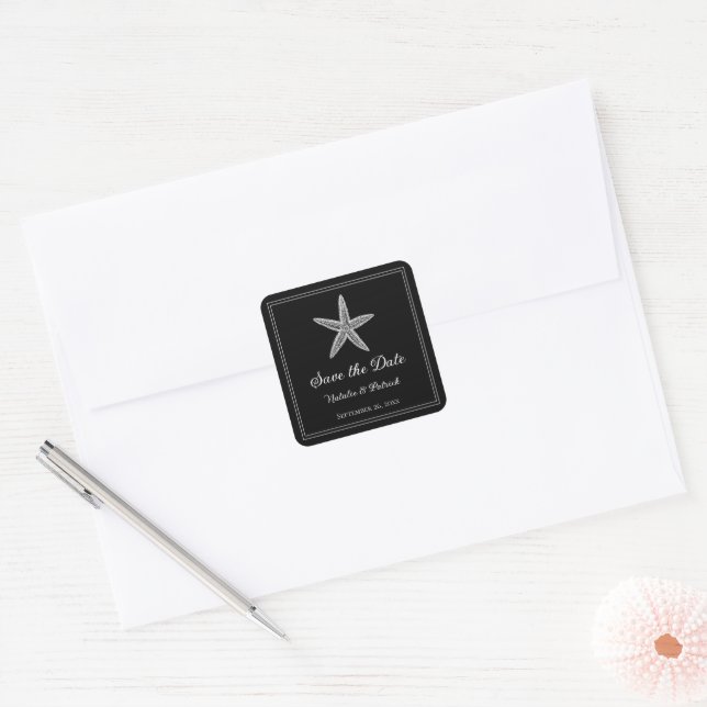 Black Starfish Save the Date Square Sticker (Envelope)