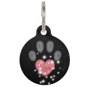 Black Starlight Pink Heart Dog Paw Print Cute Pet Tag