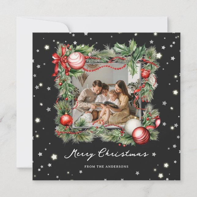Black Starry Wreath Photo Merry Christmas Card (Front)