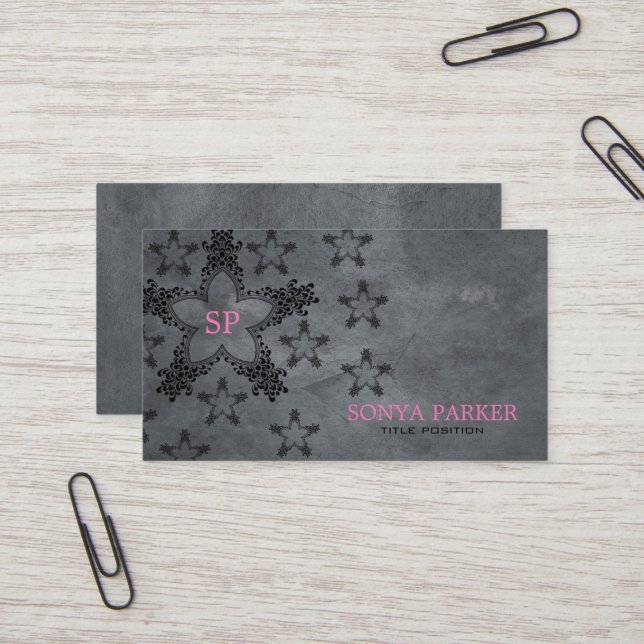 Black Stars Grey Background Business Card (Front/Back In Situ)