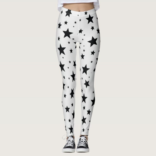 Black Stars on White Background Leggings (Front)