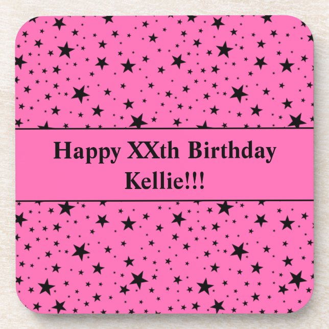 Black Stars With Message On Pink Birthday Coaster (Front)