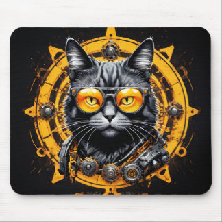 Black steampunk cat with orange glasses mouse pad