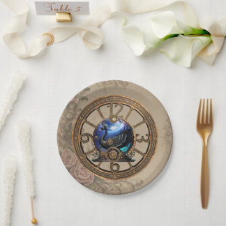 Black steampunk swan with clocks and gears. paper plate