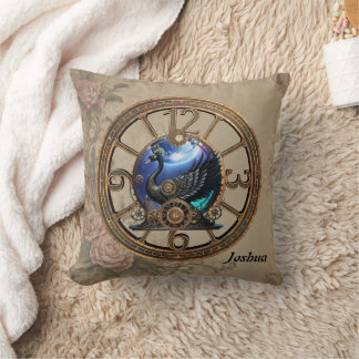 Black steampunk swan with clocks and gears. throw pillow
