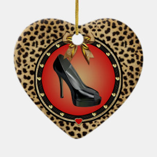 Black Stiletto Cheetah Heart Ornament