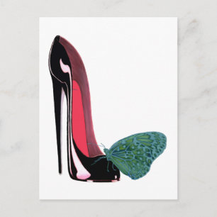 Black Stiletto High Heel Shoe and Green Butterfly Postcard
