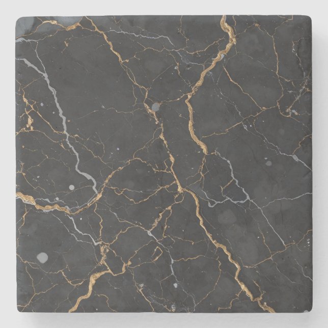 Black Stone with Gold & Silver Veins Stone Coaster (Front)