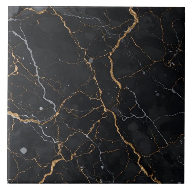 Black Stone with Gold & Silver Veins Tile (Front)