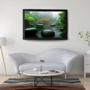 Black Stones in Rainy Zen Garden with Flowers   Poster