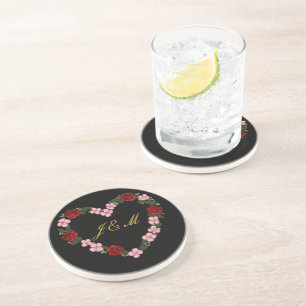 Black stoneware coaster with a red rose heart