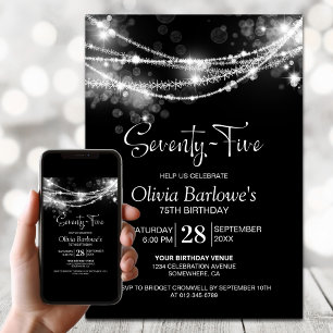 Black String Lights 75th Birthday Party Invitation