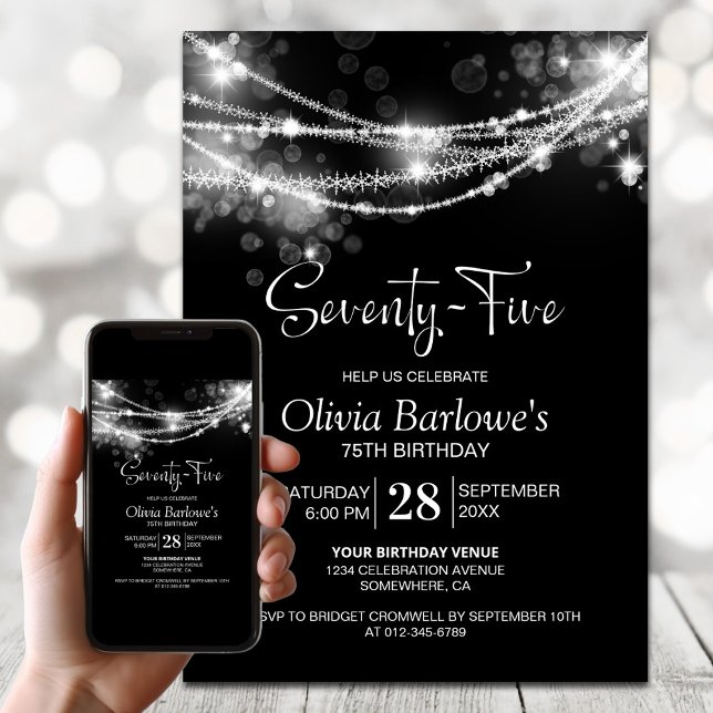 Black String Lights 75th Birthday Party Invitation (Creator Uploaded)