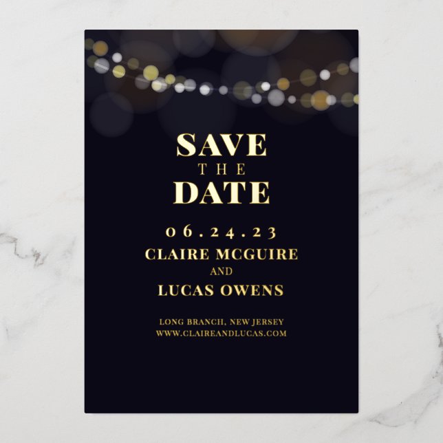 Black String Lights Foil Save the Date (Front)
