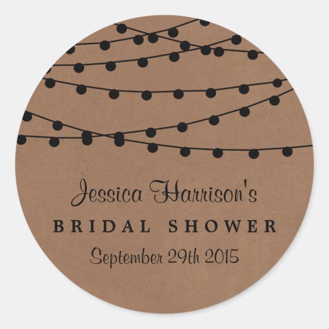 Black String Lights On Rustic Kraft Bridal Shower Classic Round Sticker (Front)
