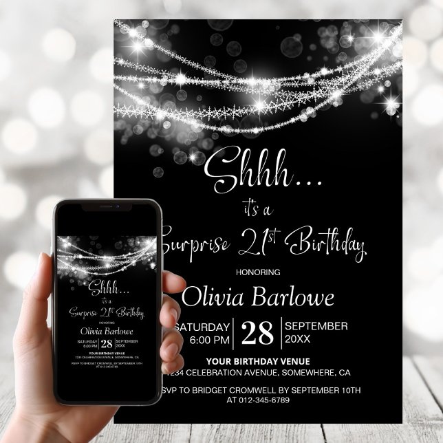 Black String Lights Surprise 21st Birthday Party Invitation (Creator Uploaded)