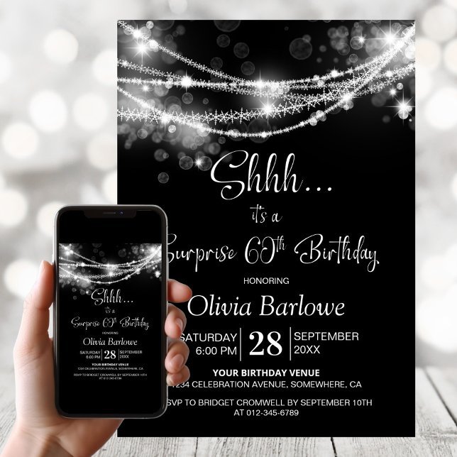 Black String Lights Surprise 60th Birthday Party Invitation (Creator Uploaded)