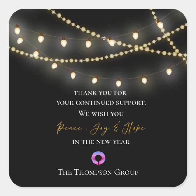 Black String Lights Thank You Message Corporate Square Sticker (Front)