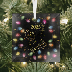 Black String of Christmas Lights Gold Star 6 7 Glass Ornament