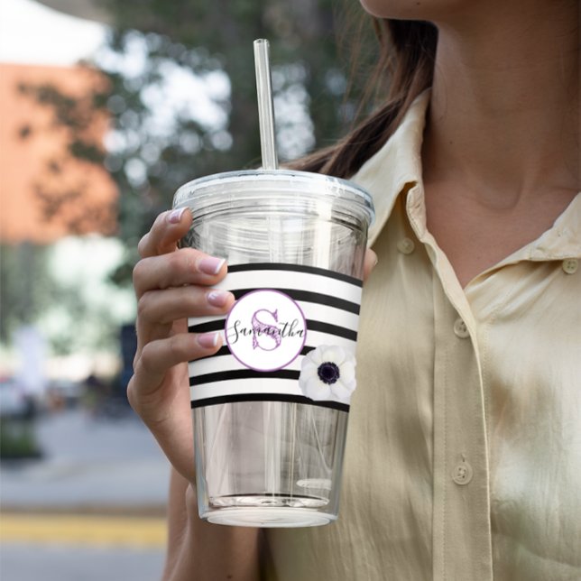 Black Stripe and Anemone Monogrammed Personalized Acrylic Tumbler (Creator Uploaded)