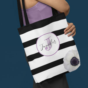 Black Stripe and Anemone Monogrammed Personalized Tote Bag