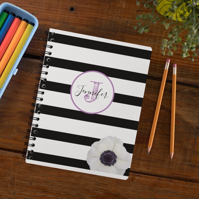 Black Stripe and Windflower Monogram Personalized Planner (Creator Uploaded)