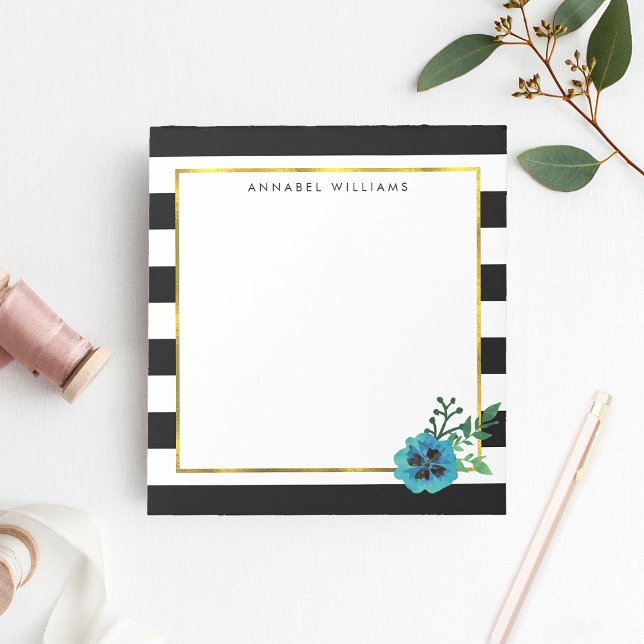 Black Stripe & Blue Flower Personalized Notepad (Creator Uploaded)