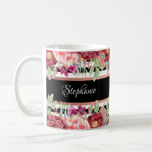 Black Stripe Burgundy Floral Personalized Name Coffee Mug