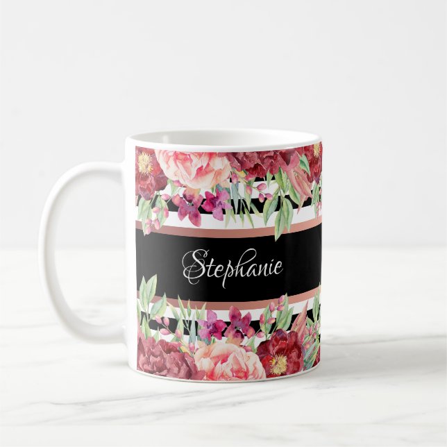 Black Stripe Burgundy Floral Personalized Name Coffee Mug (Left)