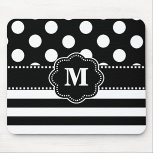 Black Stripe Dots Monogram Mouse Pad. Pad