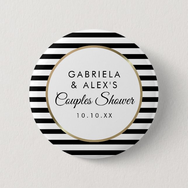 Black Stripe Elegant Gold Couples Bridal Shower 2 Inch Round Button (Front)