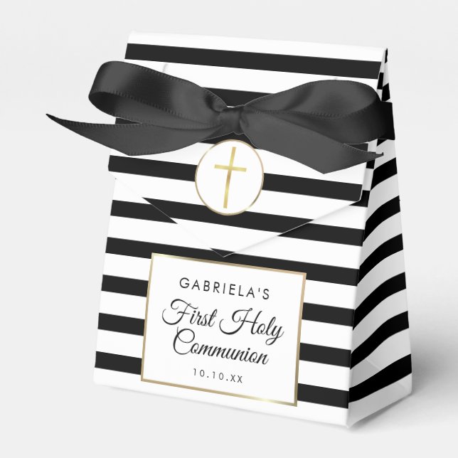 Black Stripe Elegant Gold First Holy Communion Favor Box (Front Side)