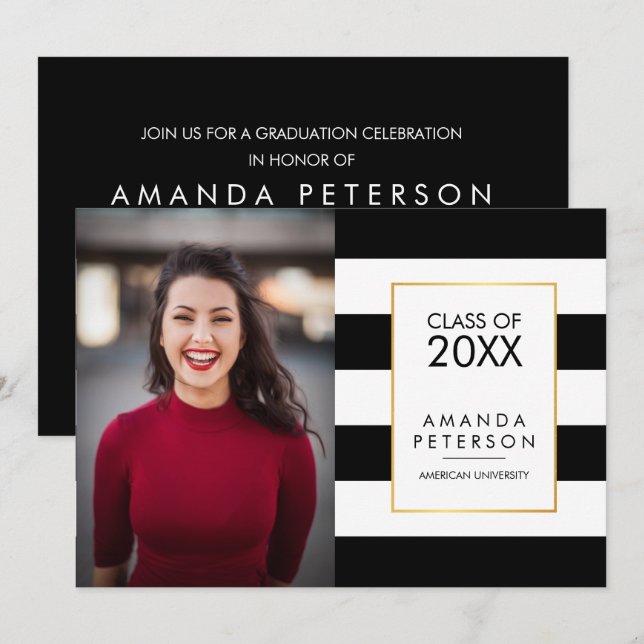 Black Stripe Faux gold frame Graduation Invitation (Front/Back)