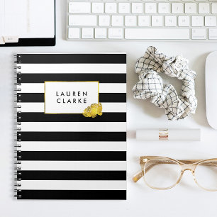 Black Stripe & Faux Gold Peony Notebook