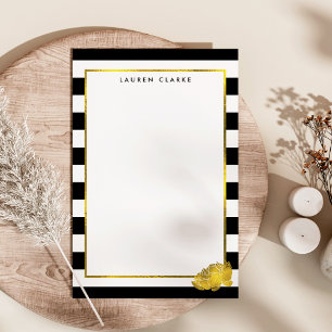 Black Stripe & Faux Gold Peony Personalized Stationery