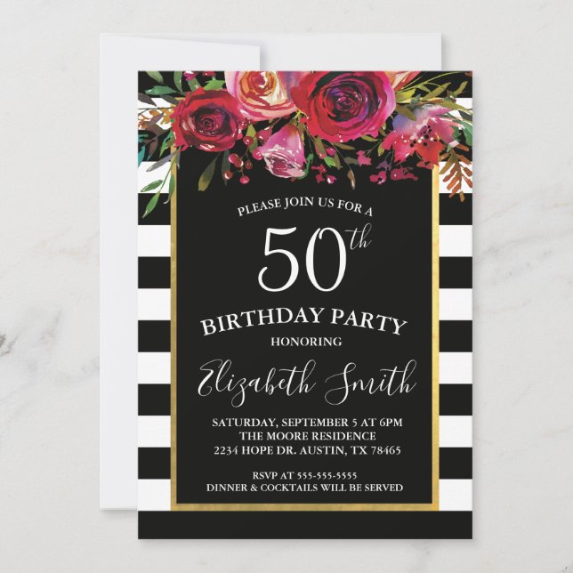 Black Stripe Floral Birthday Invitation (Front)