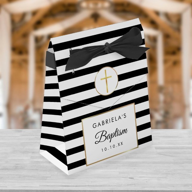 Black Stripe Gold Cross Baptism Christening Favor Box (Creator Uploaded)
