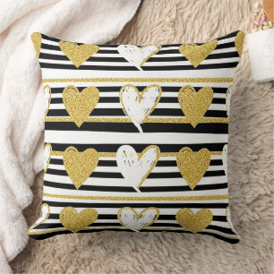 Black Stripe Gold Heart Glam Pattern (1) Throw Pillow