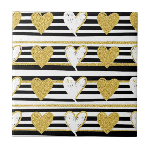 Black Stripe Gold Heart Glam Pattern (1) Tile
