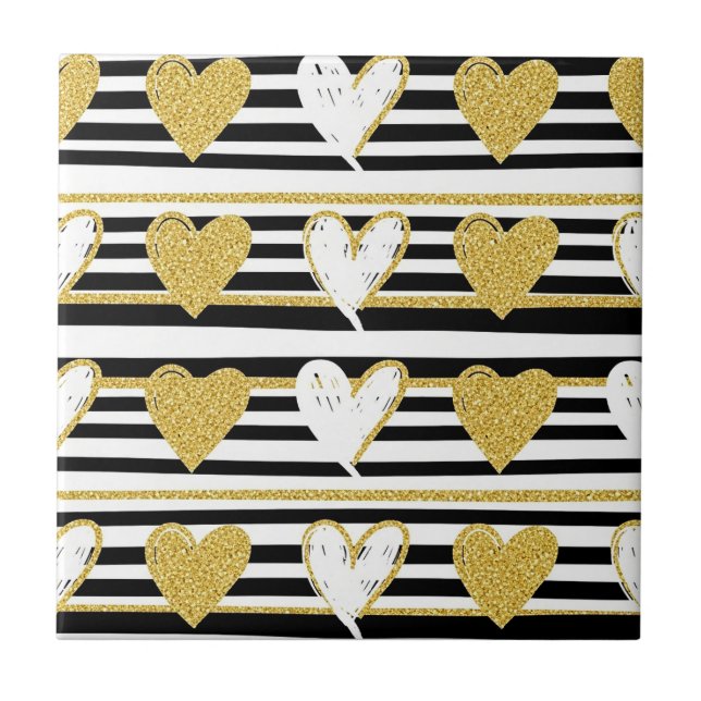 Black Stripe Gold Heart Glam Pattern (1) Tile (Front)