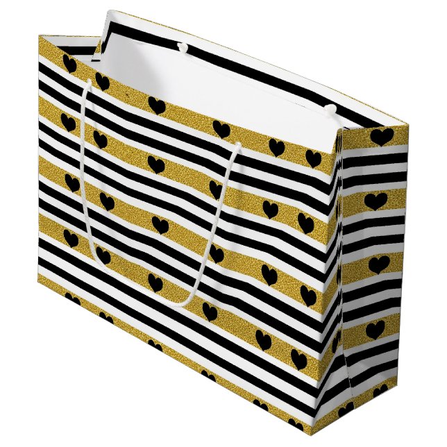 Black Stripe Gold Heart Glam Pattern (3) Large Gift Bag (Front Angled)
