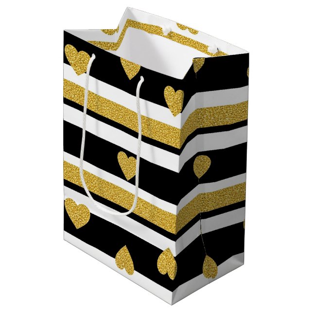 Black Stripe Gold Heart Glam Pattern (4) Medium Gift Bag (Front Angled)