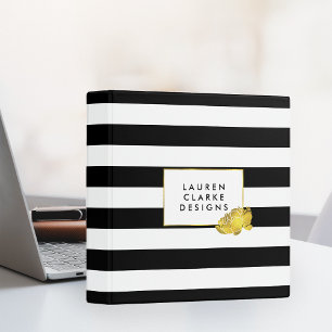 Black Stripe & Gold Peony Personalized Binder