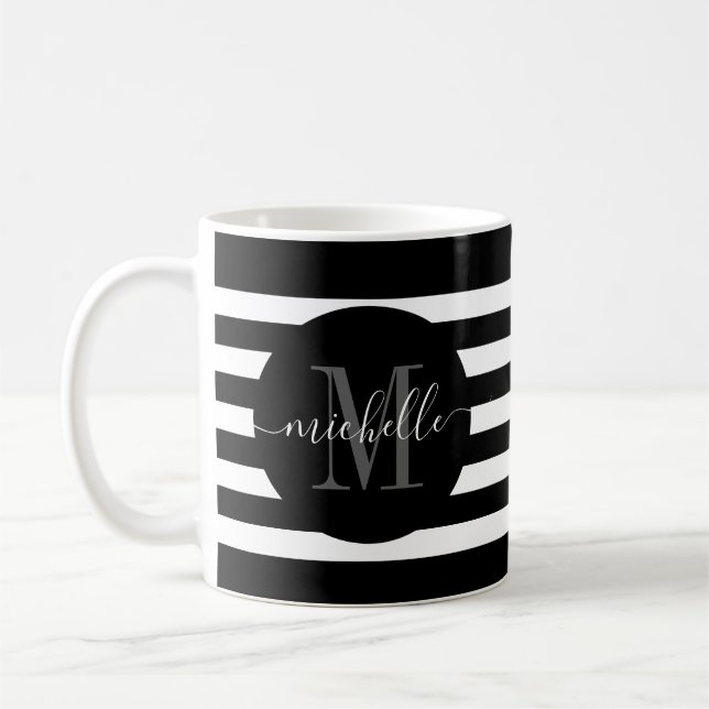Black Stripe Monogram Circle Script Modern Elegant Coffee Mug (Left)