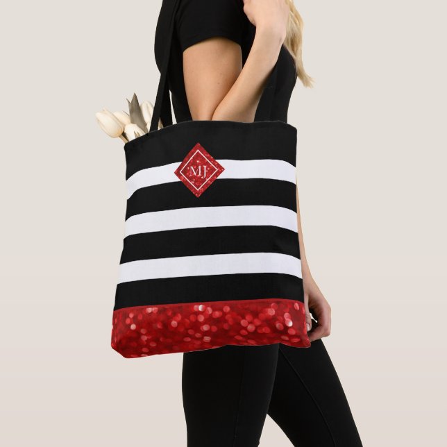 Black Stripe Pattern & Red Glitter, Monogram Tote Bag (Close Up)